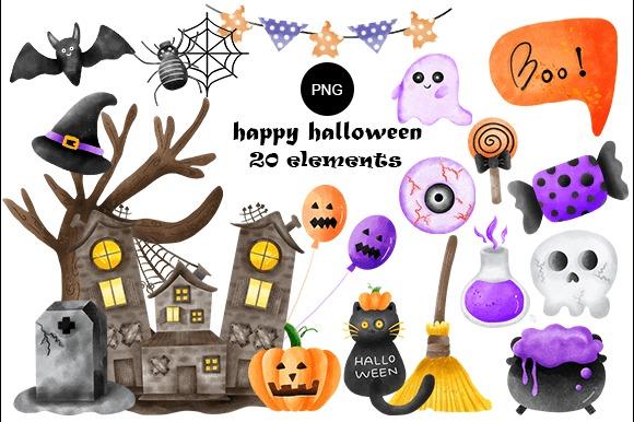 Watercolor Halloween clipart set with haunted house, pumpkin, black cat, ghost, bat, spider, candy, and spooky elements