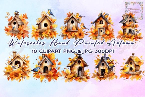 Watercolor hand painted autumn birdhouses surrounded by fall leaves and flowers in warm colors — Fall Clipart