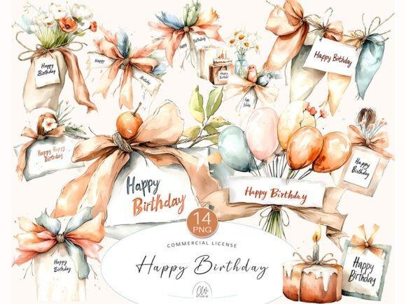 best happy birthday clipart watercolor set with gift boxes, balloons, floral labels, ribbons, and birthday cake in soft