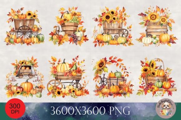 Fall clipart featuring watercolor pumpkins, sunflowers, leaves, and rustic wooden carts in autumn colors