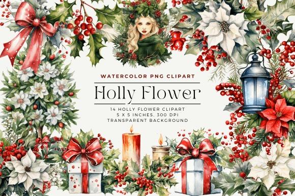 Watercolor holly flower clipart with red berries, white poinsettias, candles, gift boxes, and a lantern in a seasonal