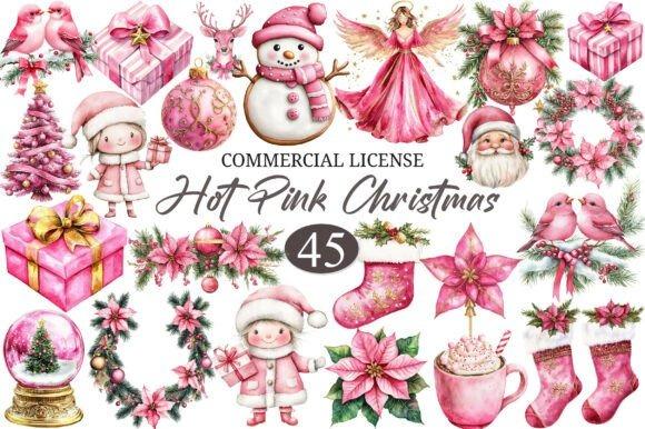 Christmas Clipart set featuring 45 watercolor hot pink holiday designs including gifts, snowman, Santa, wreaths, and