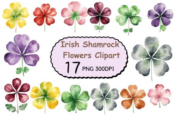 Watercolor Irish shamrock flower clipart set with various colored shamrock flowers for creative projects