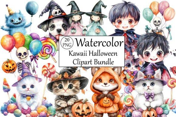 creative kids clipart bundles featuring watercolor kawaii Halloween characters including children, animals, pumpkins, and