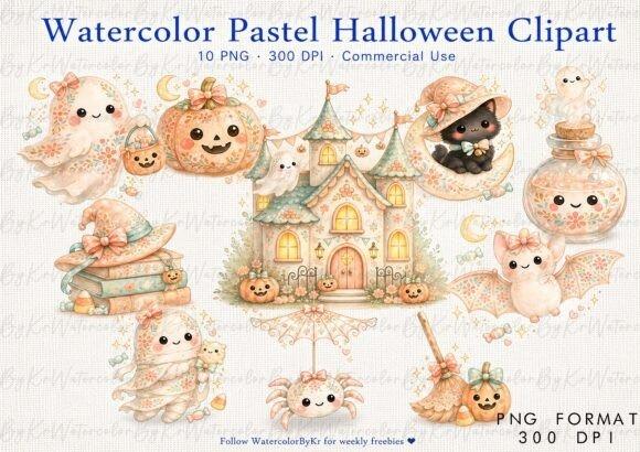 Watercolor pastel Halloween clipart set with ghosts, pumpkins, black cat, haunted house, spider, and broom in soft colors