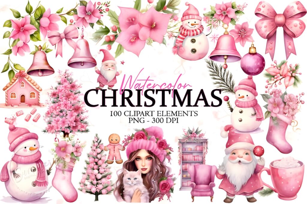 Christmas clip art featuring pink watercolor elements including snowmen, Santa, flowers, bows, and holiday decorations
