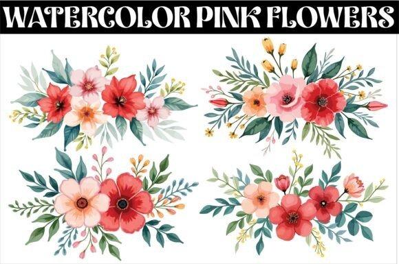Watercolor pink flower clipart with green leaves in four floral arrangements for wedding and craft projects