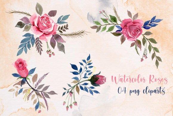 Watercolor pink rose flower clipart with four hand-painted roses and green leaves on a light background