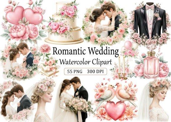 Romantic wedding clipart set with watercolor flowers, bride and groom couples, wedding cake, tuxedo, doves, and pink hearts