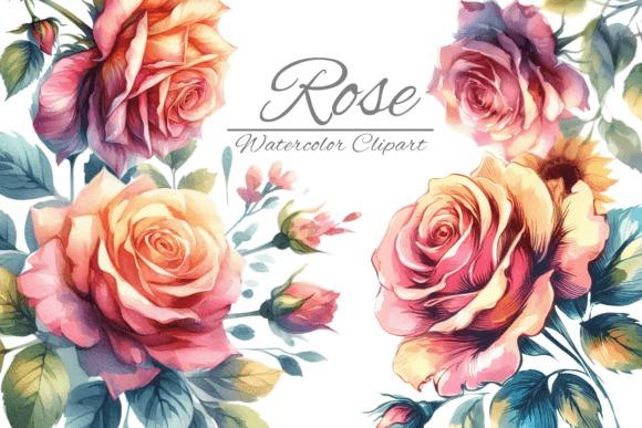 cute flower clipart of watercolor rose flowers in soft pink and peach tones with green leaves