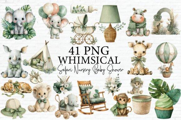 Watercolor kids clipart featuring safari animals, nursery furniture, balloons, and botanical elements in neutral and sage