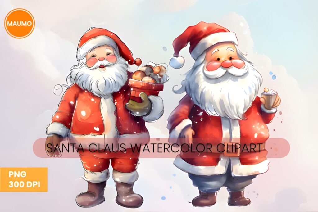 Watercolor Santa Claus clipart showing two cheerful Santas in red suits holding gifts and a cup