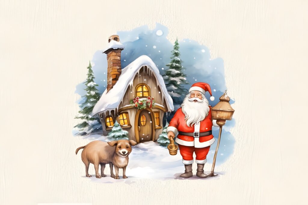 Santa Claus clipart with a lantern standing next to a dog in front of a snow-covered house with pine trees