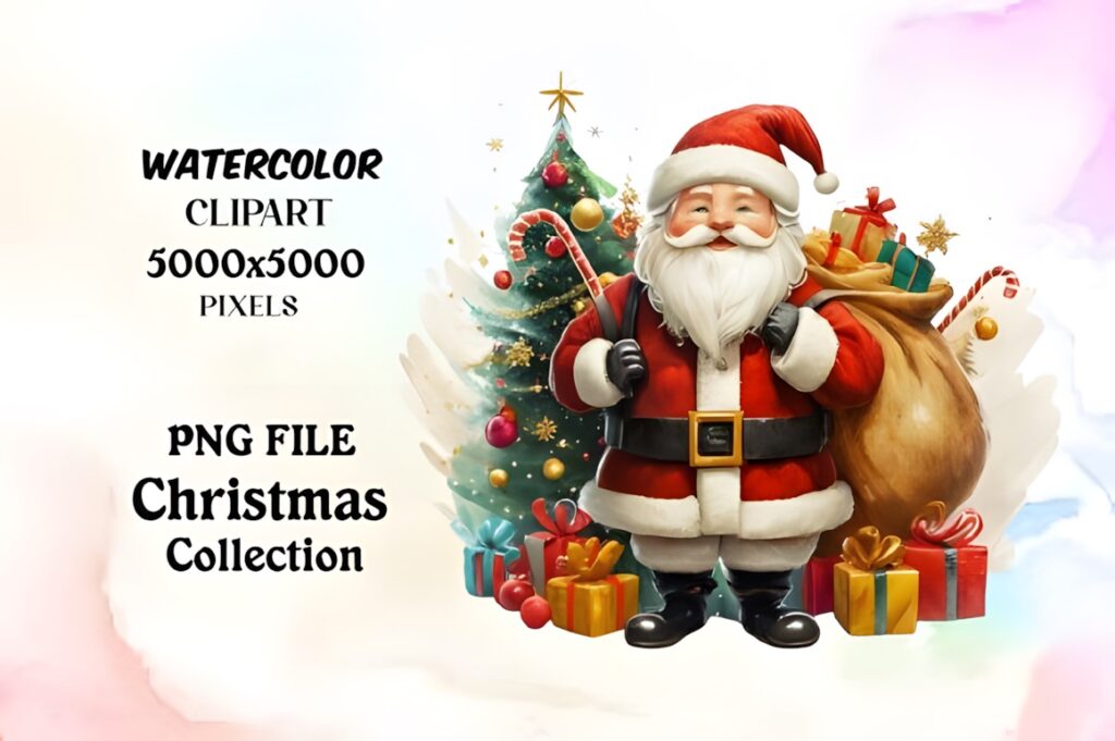 Watercolor Santa Claus clipart with Christmas tree and gifts in transparent PNG format