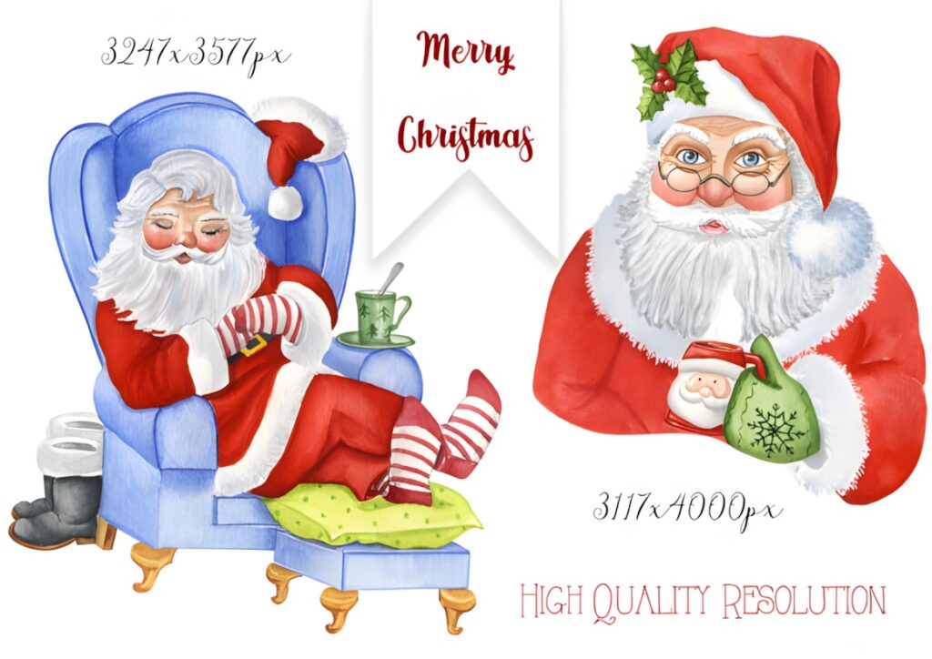 Watercolor Santa Claus clipart showing Santa relaxing in a blue armchair and a close-up of Santa holding a green mitten with