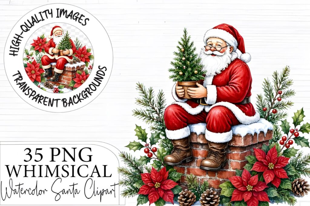 Santa Claus clipart sitting on a snowy brick chimney holding a small Christmas tree surrounded by poinsettias, holly, and