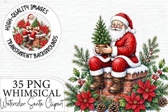 Watercolor Santa clipart sitting on a snowy brick chimney holding a small Christmas tree surrounded by — Christmas clip art