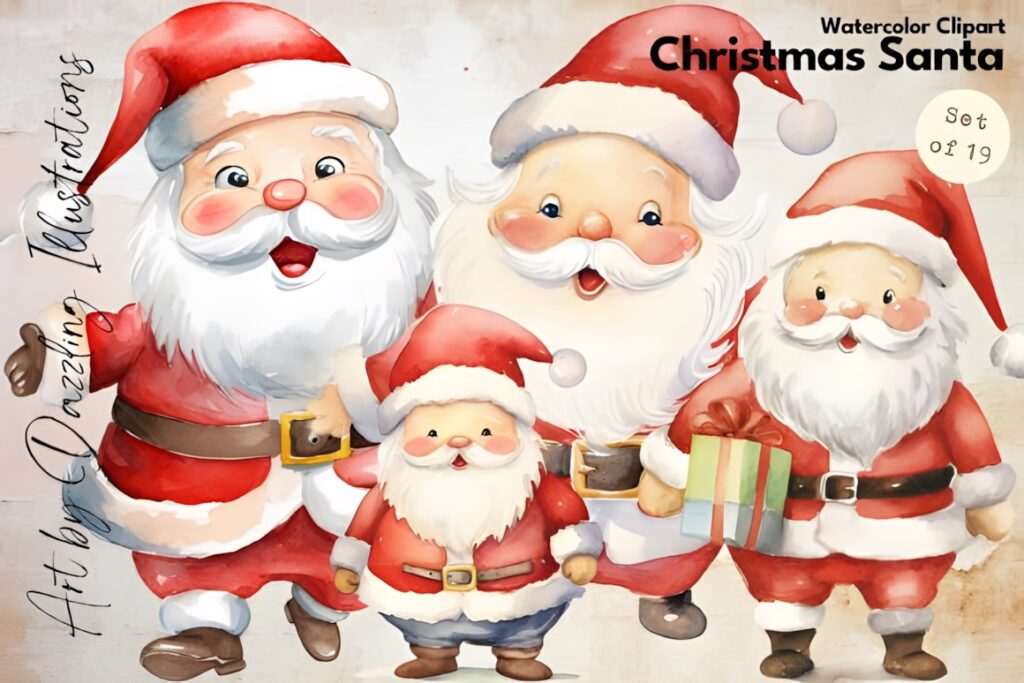 Watercolor Santa Claus clipart set with four Santas and Christmas elements