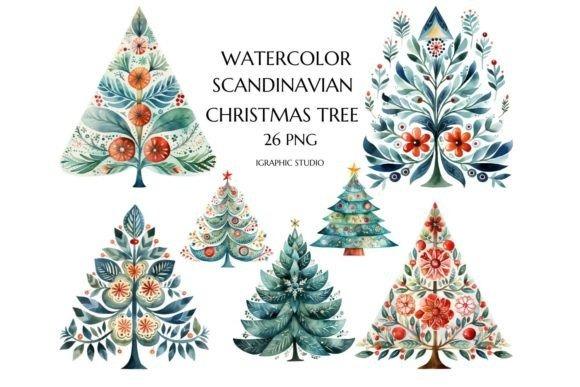 Watercolor Scandinavian Christmas Tree PNG Designs for Sublimation featuring folk-inspired painted textures