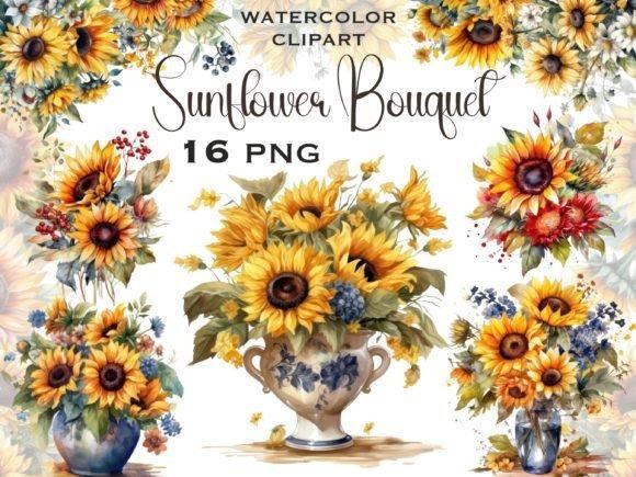 Cute flower clipart featuring watercolor sunflower bouquet illustrations with transparent backgrounds