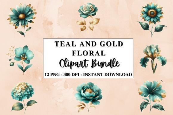 Teal and gold flower clipart bundle with 12 transparent PNG images for floral design projects