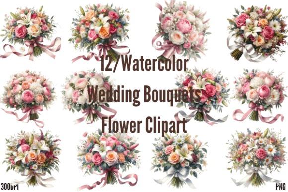 Cute flower clipart featuring 12 watercolor wedding bouquet compositions with soft romantic and vintage styles