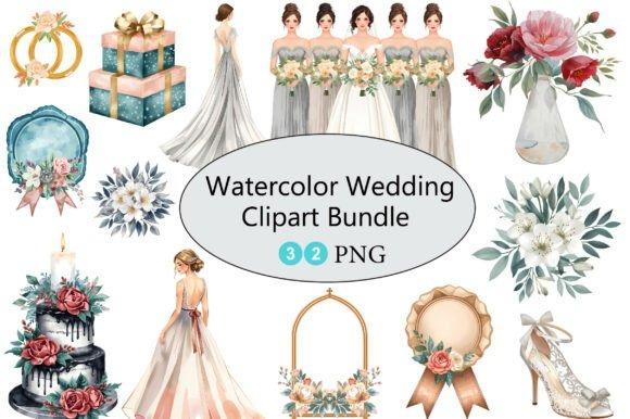 Watercolor wedding clipart bundle with bride, bridesmaids, flowers, cake, rings, gifts, and decorative elements