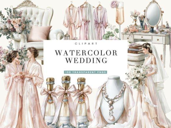 Watercolor wedding clipart featuring brides in robes, wedding dress, floral arrangements, champagne bottles, and jewelry