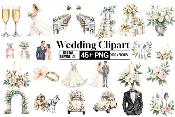 Watercolor wedding clipart set featuring bride, groom, floral arrangements, wedding rings, cars, and champagne glasses for