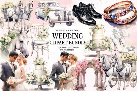 Watercolor wedding clipart bundle featuring horses, vintage car, shoes, rings, cakes, floral arrangements, and a bride and
