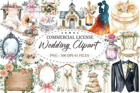 Watercolor wedding clipart set featuring floral arrangements, wedding cake, church, bride and groom silhouettes, and