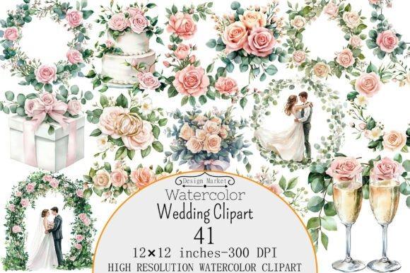 Watercolor wedding clipart set with roses, wedding cake, bride and groom, champagne glasses, and floral wreaths