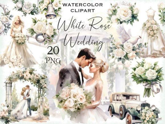 Elegant wedding clipart featuring white roses, a bride and groom, vintage car, wedding dress, and floral arrangements in
