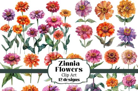Watercolor zinnia flower clipart in various colors including orange, pink, purple, and yellow with green leaves and stems