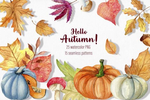 Watercolor fall clipart featuring pumpkins, autumn leaves, and mushrooms in warm seasonal colors