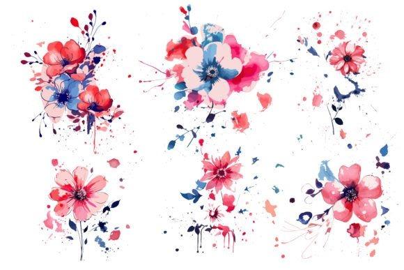 Watercolor flower clipart with abstract floral stain designs in red, pink, and blue tones