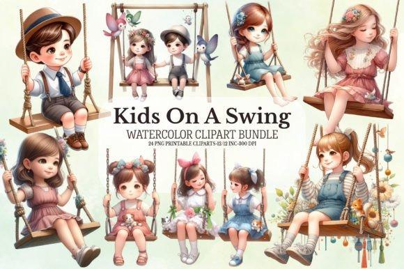 Creative kids clipart bundles featuring watercolor children on swings in a soft decorative style