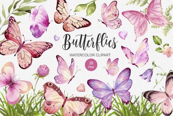 Watercolor pink butterfly clipart with floral elements and transparent background, 28 PNG elements at 300 DPI