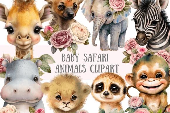 Watercolor kids clipart featuring baby safari animals with floral rose accents including giraffe, elephant, zebra, hippo