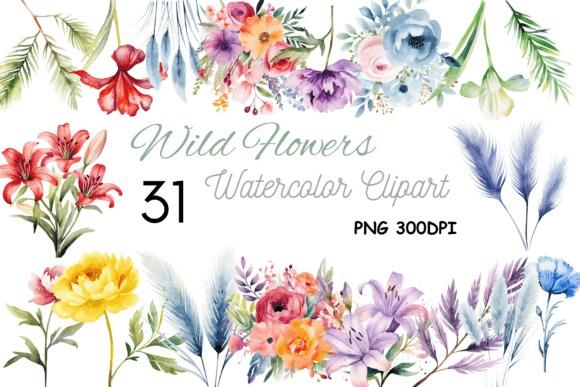 flower clipart featuring 31 wild flowers in watercolor style with various colorful floral elements and greenery