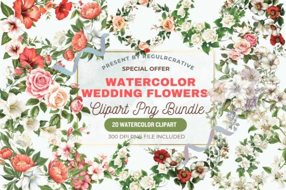 Watercolor wedding flowers clipart bundle with various floral designs in red, pink, and white hues — flower clipart