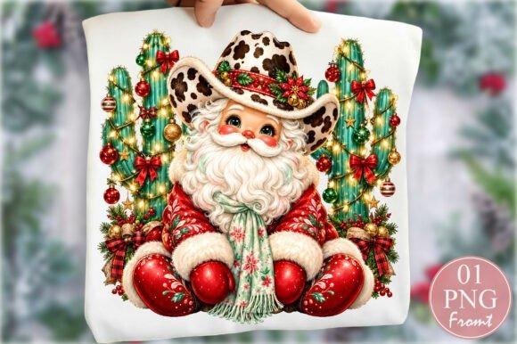 Western Cow Print Santa Christmas clipart with cowboy hat and festive decorations