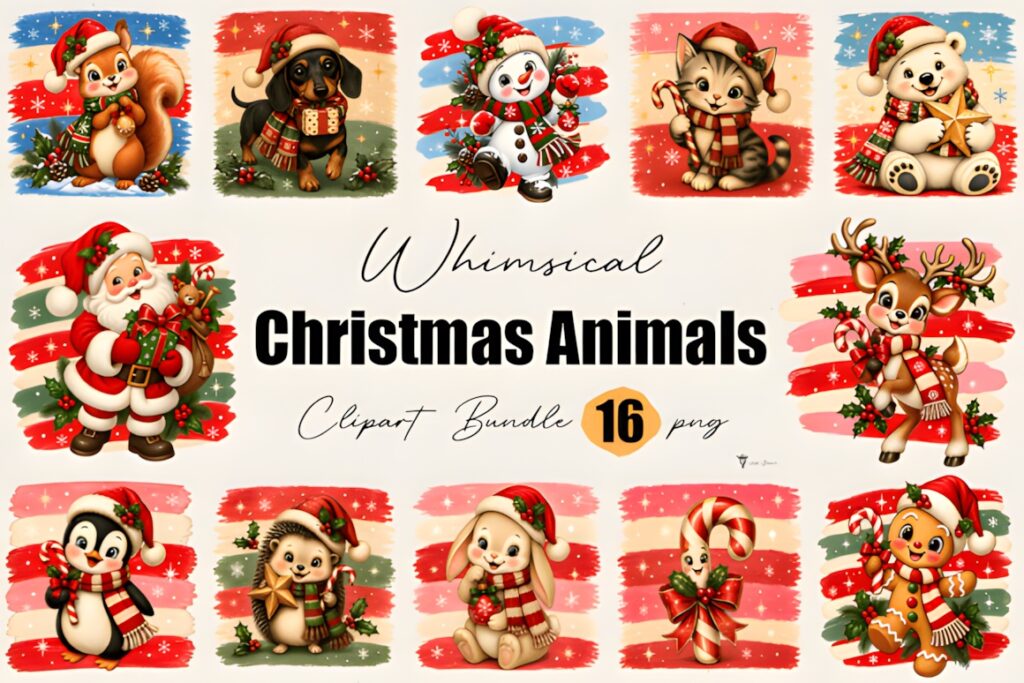 Whimsical Christmas animals PNG bundle featuring festive squirrel, dog, snowman, cat, bear — Christmas decorations PNG