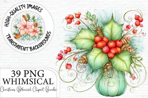 Christmas clipart featuring whimsical botanical design with holly leaves, red berries, pinecones, and winter greenery in a