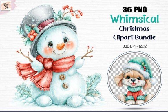 Whimsical Christmas Clipart featuring a snowman with a top hat and scarf, and a small dog in a winter hat and scarf, part of