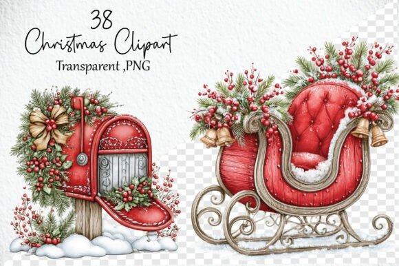 Whimsical Christmas clipart featuring a red mailbox and a red Santa sleigh decorated with evergreen branches, berries, and
