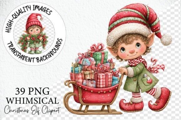 Christmas elf clipart designs featuring a whimsical elf in a red and green outfit pulling a sleigh full of wrapped gifts