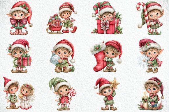 Christmas elf clipart designs featuring whimsical watercolor elves in festive hats and holiday settings