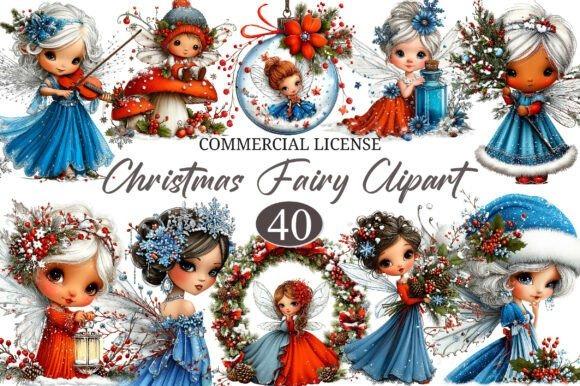 Christmas clipart featuring whimsical fairy characters in festive outfits with seasonal decorations