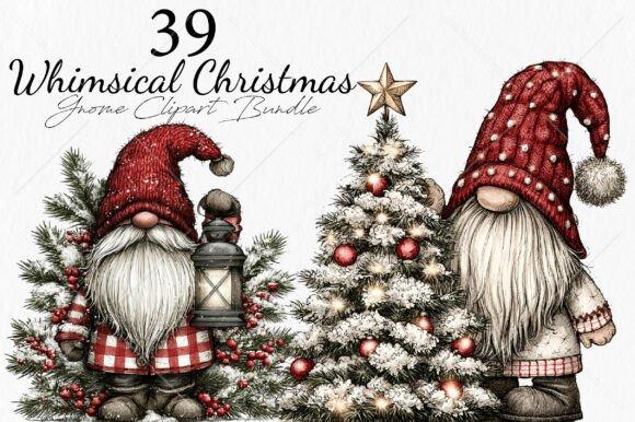 Whimsical Christmas gnome clipart with knit hats, lantern, snowy tree, and winter decorations in Christmas clipart style